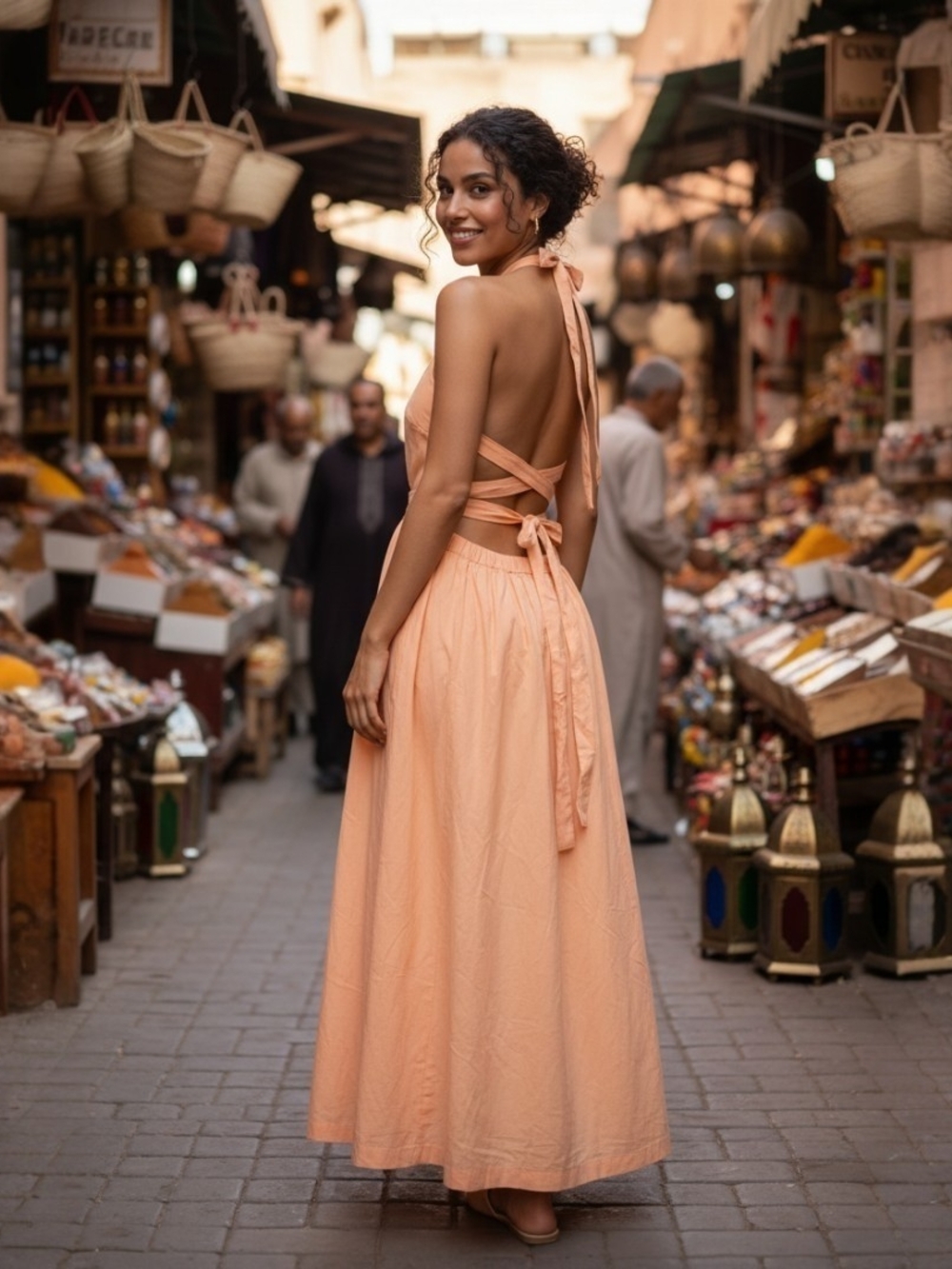 Tie-Back Halter Maxi Dress in Peach